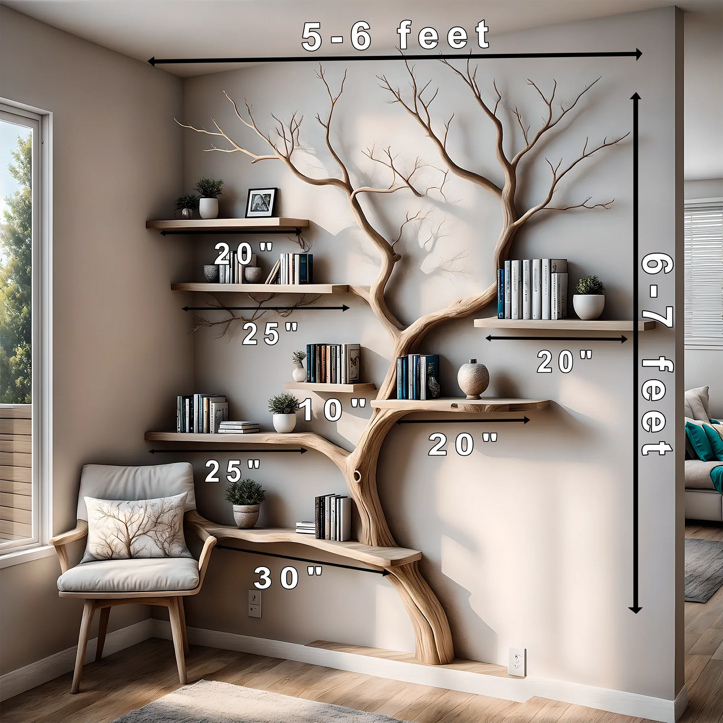 Bookshelf Tree-shaped wooden shelf for interior decoration, handmade wooden shelf, bookshelf made of aged wood
