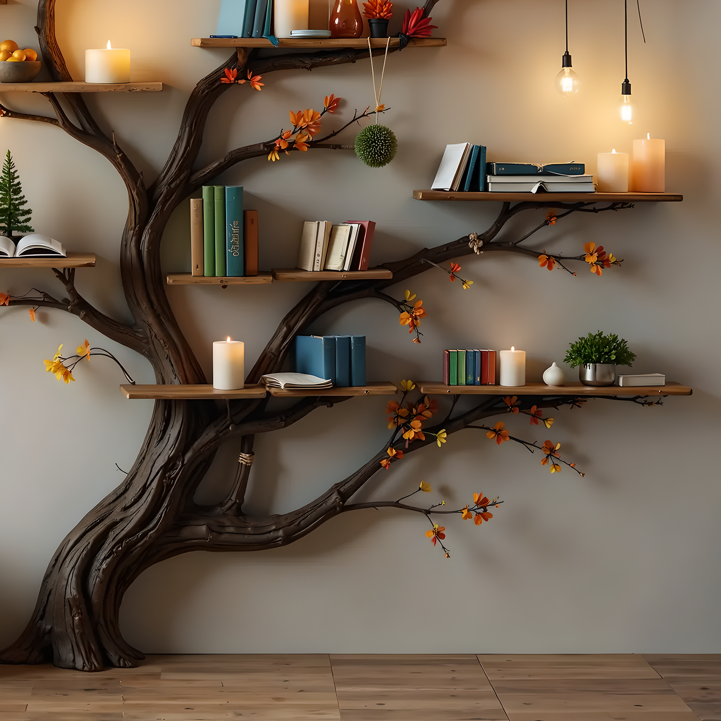 Handcrafted Tree Bookshelf Wall Decor – Artistic Wooden Branch Shelf for Living Room & Gifts