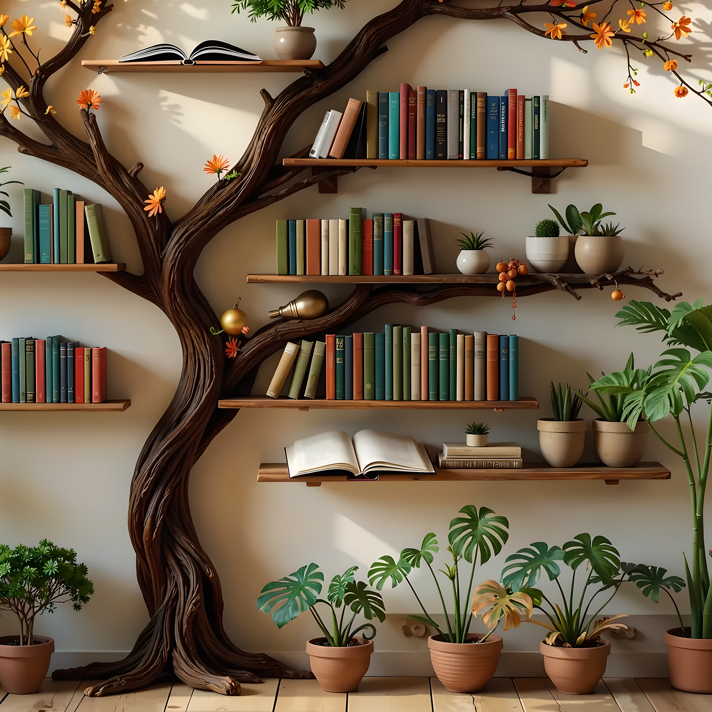 Nature-Inspired Tree Bookshelf – Artistic Wooden Wall Shelf for Books, Plants & Decor
