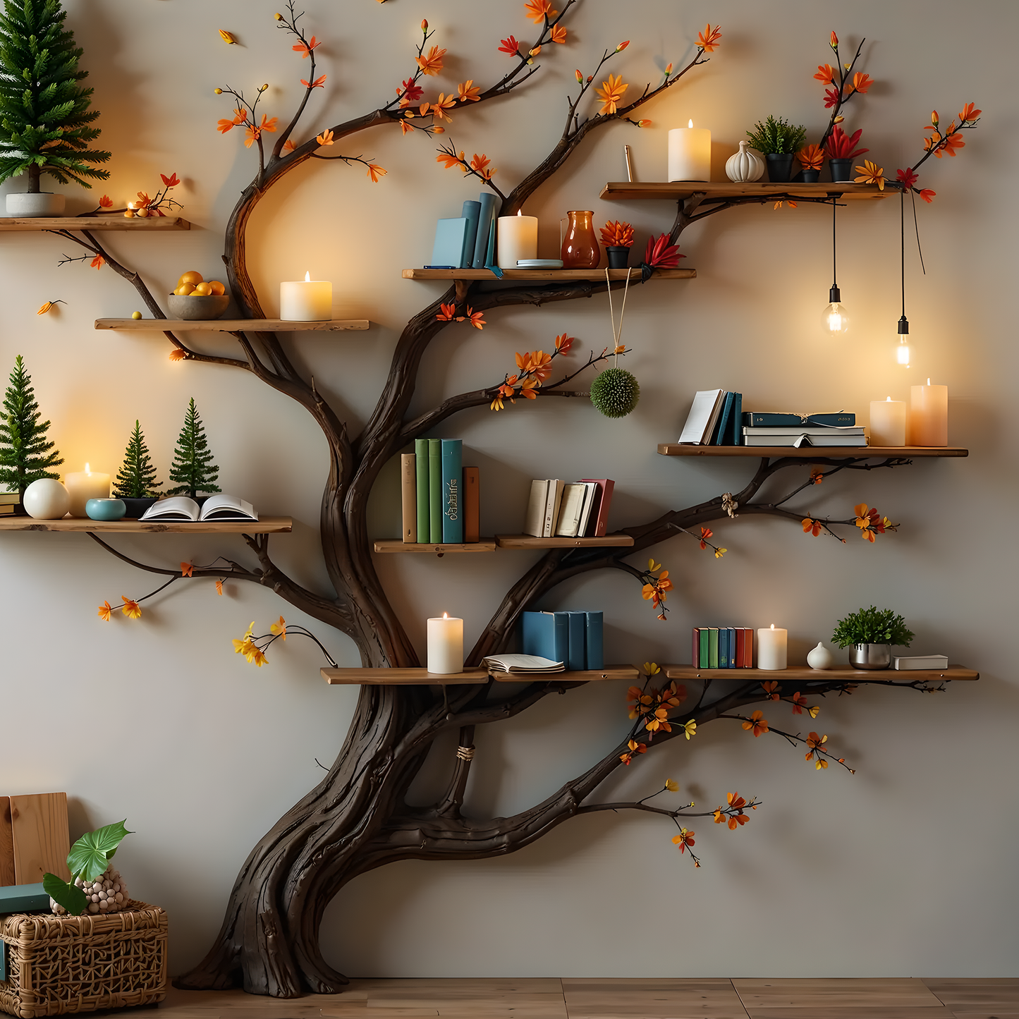 Handcrafted Tree Bookshelf Wall Decor – Artistic Wooden Branch Shelf for Living Room & Gifts