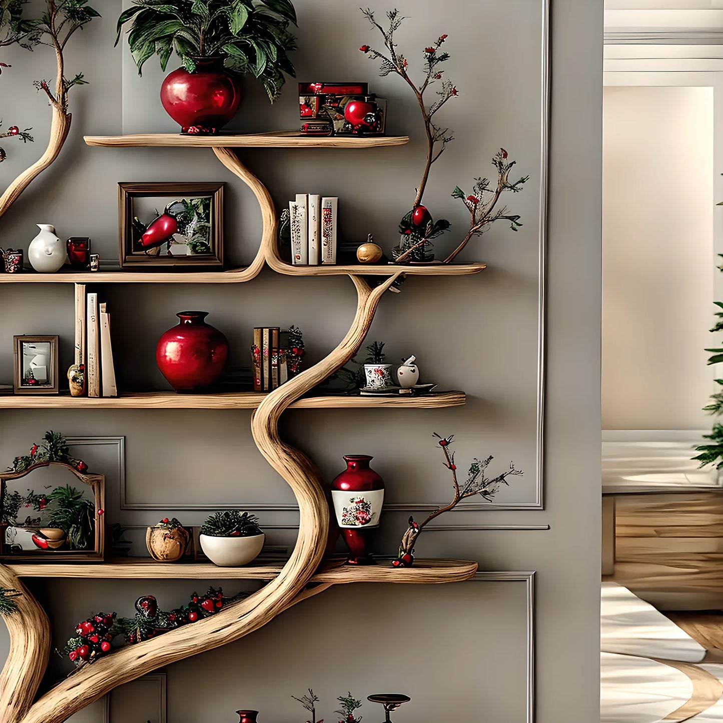 Decorative shelf in natural tree shape, solid wood, living room decoration