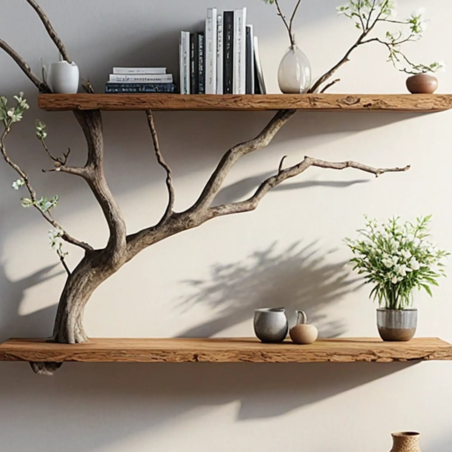 Natural wooden art branch bookshelf next to a unique floating corner bookshelf decorates the home.