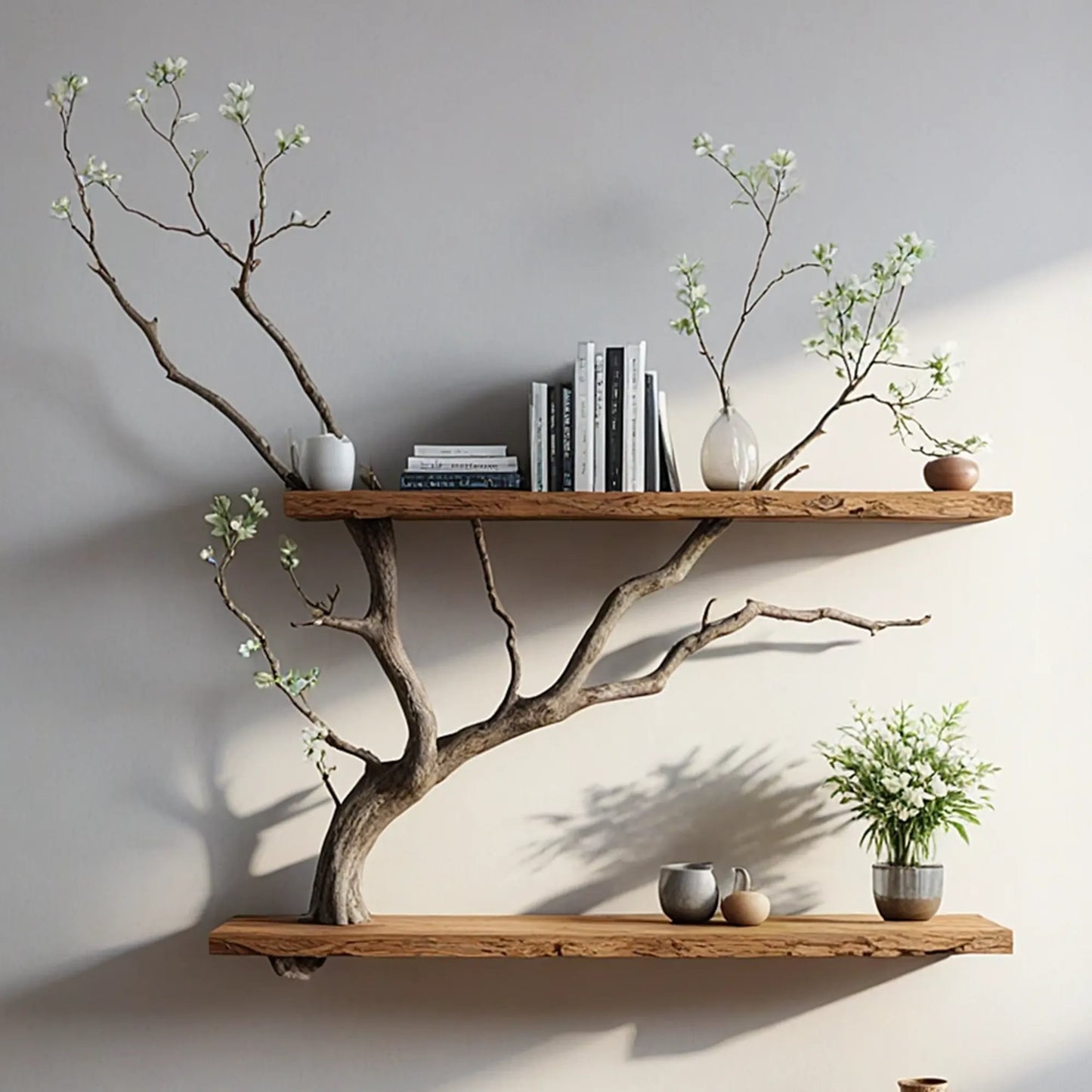 Natural wooden art branch bookshelf next to a unique floating corner bookshelf decorates the home.