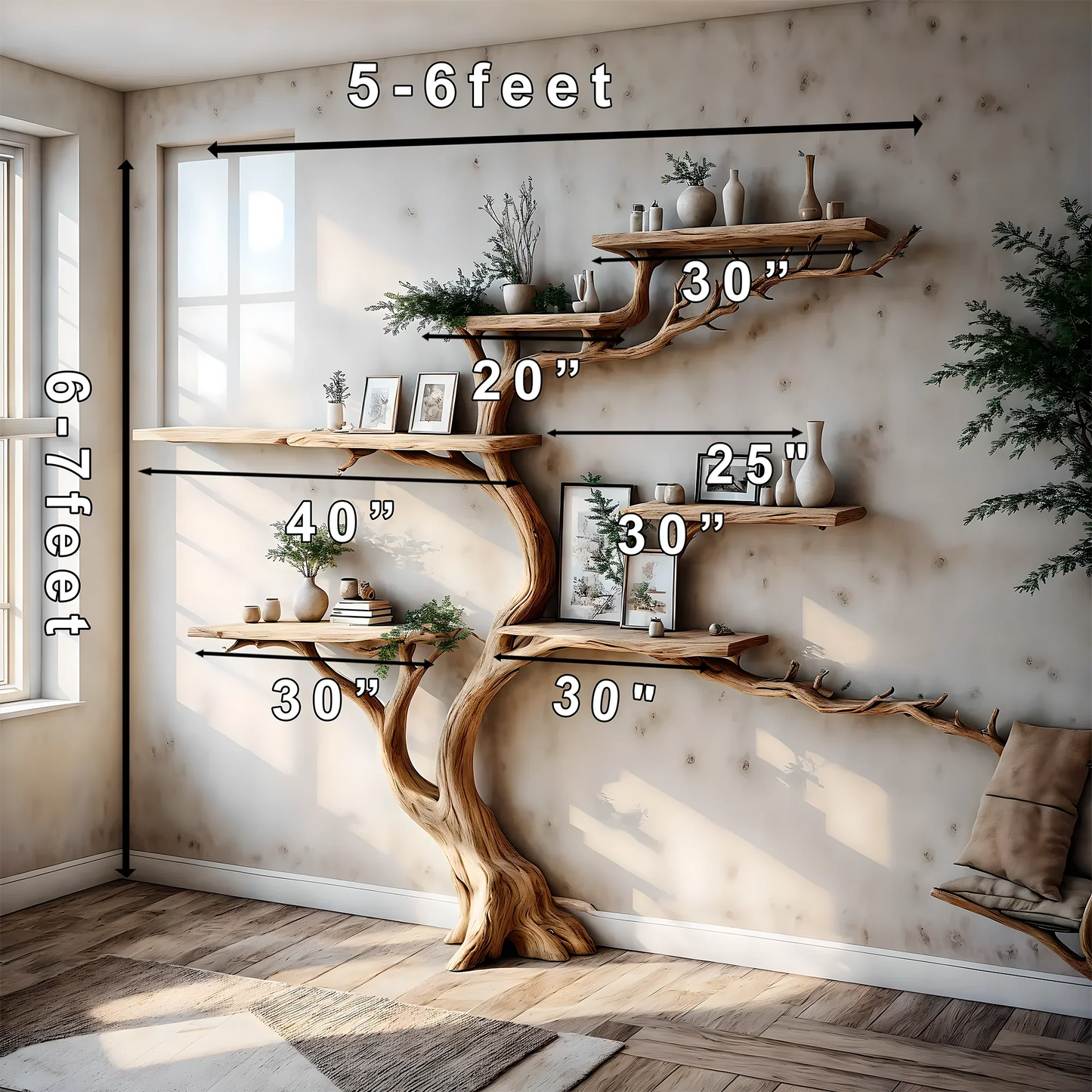 Natural wooden decorative bookshelf, tree-shaped bookshelf, solid wood bookshelf, handmade bookshelf