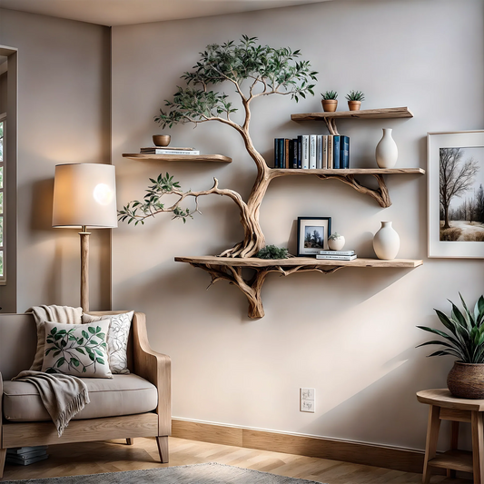 '-Bookshelf decorated with tree branches Solid wooden bookshelf for decoration 