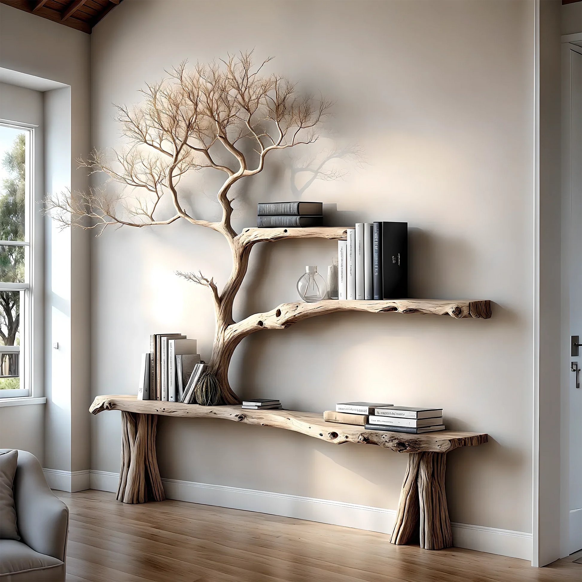console table reading table with tree shaped bookshelf 