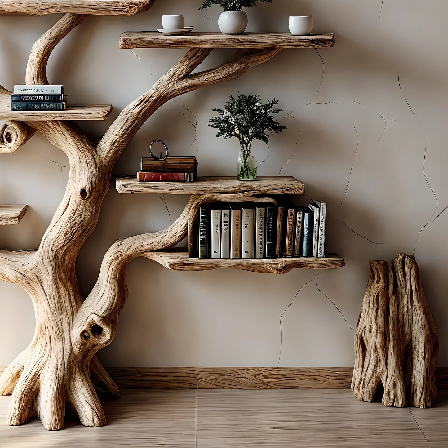 Bookshelf made of pine branches, Natural wood, Children's bookshelf, Decorative library 