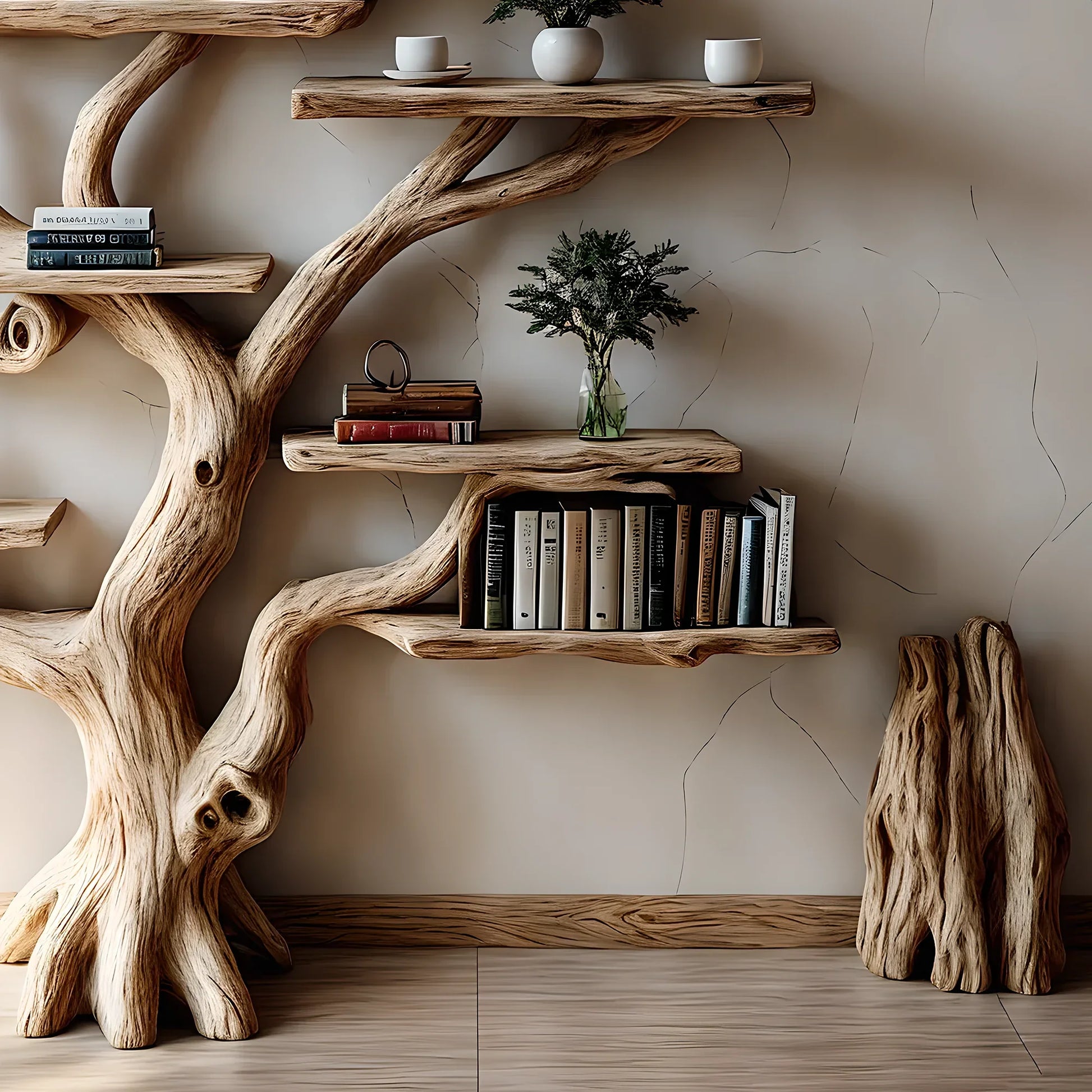 Bookshelf made of pine branches, Natural wood, Children's bookshelf, Decorative library 
