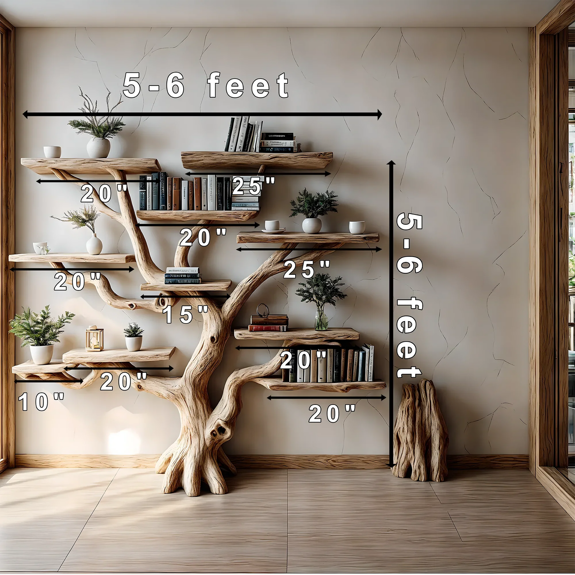 Bookshelf made of pine branches, Natural wood, Children's bookshelf, Decorative library 